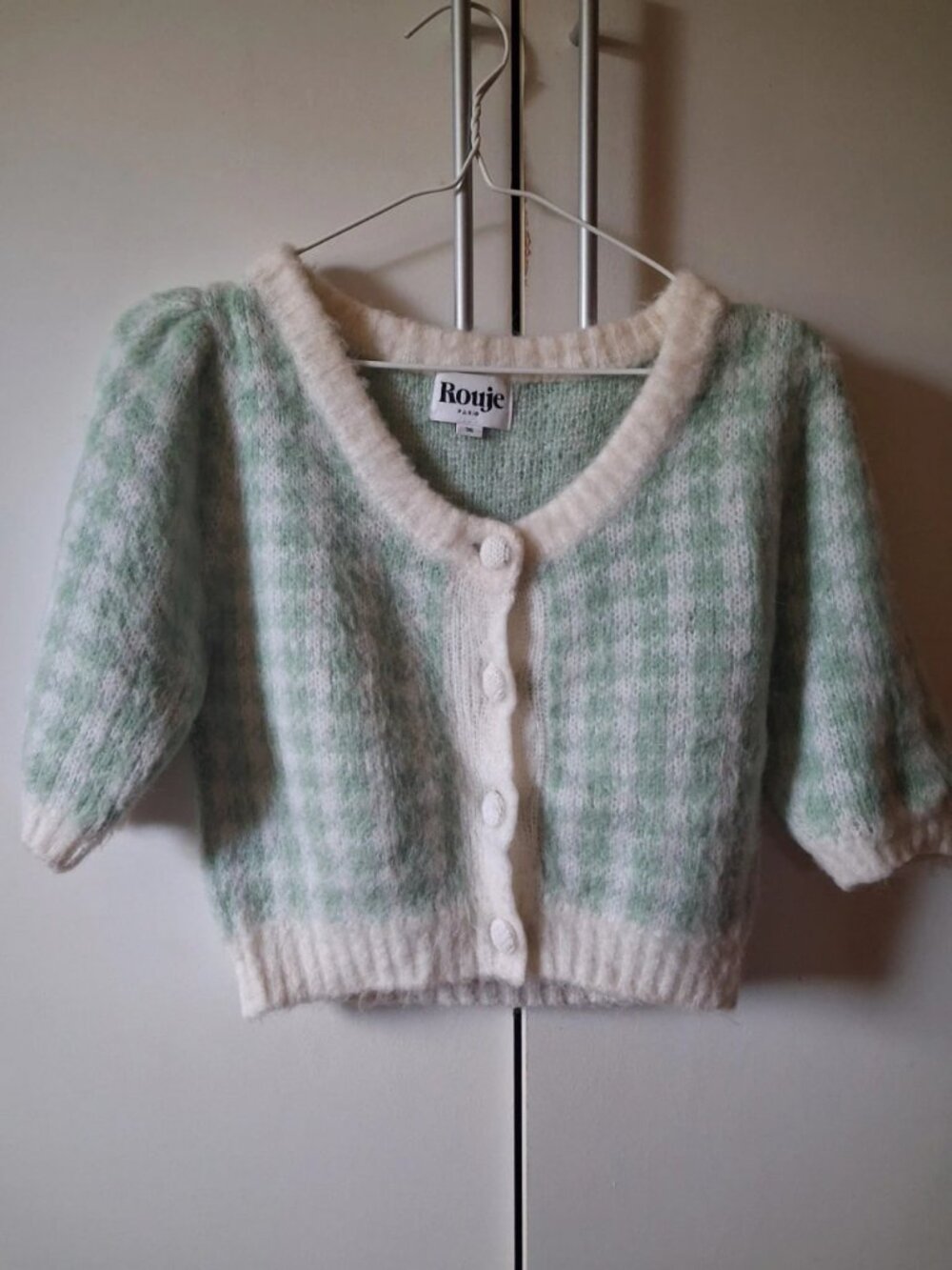 Rouje Paris Mohair Blend Cardigan Mint Green & White US 4